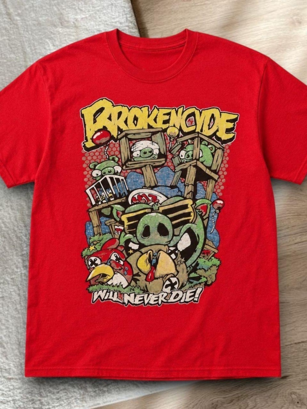 Gildan Red Short Sleeve Tee with Colorful Cartoon Graphic